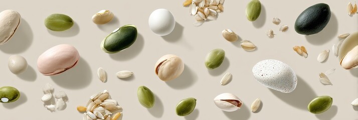 Diverse assortment of nuts and seeds on neutral background