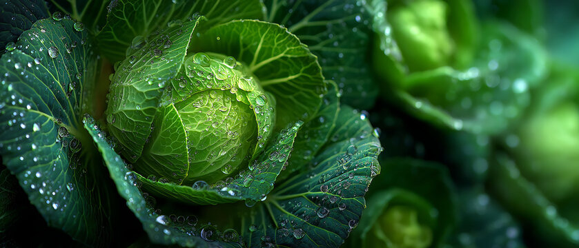 Close-up of fresh green leaves with water droplets, hyperreal and organic