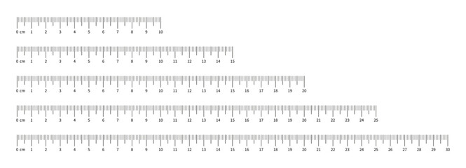 Ruler scale 10, 15, 20, 25, 30 centimeters with numbers set. Measuring chart with 100, 150, 200, 250, 300 mm. Ruler scale, sewing tool template. Length measurement height, distance, math.
