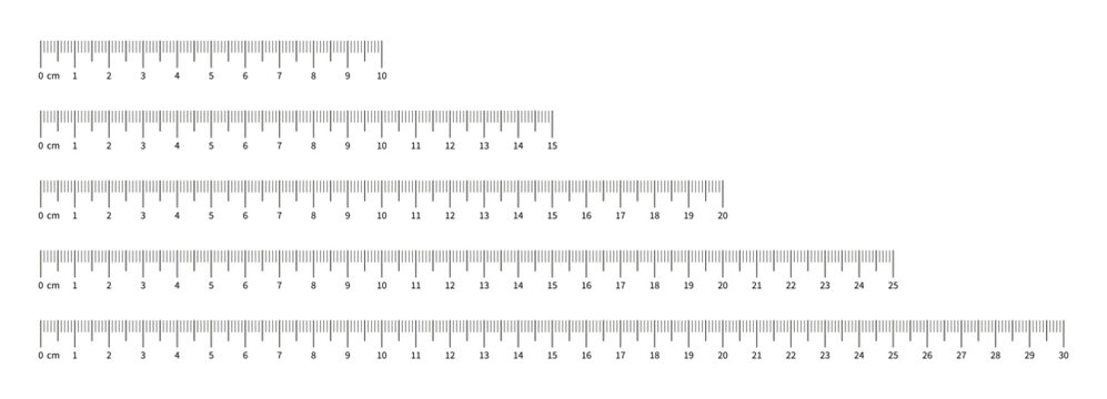 Ruler scale 10, 15, 20, 25, 30 centimeters with numbers set. Measuring chart with 100, 150, 200, 250, 300 mm. Ruler scale, sewing tool template. Length measurement height, distance, math.