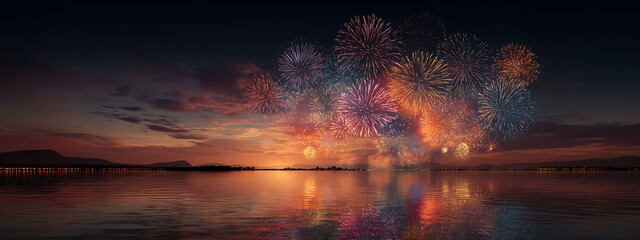 Canada Day fireworks over lake with reflection, deep twilight color grading