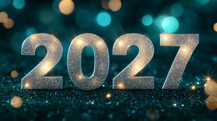 Glamorous New Year 2027 Celebration with Silver Glitter and Emerald Bokeh Overlay for Excitement