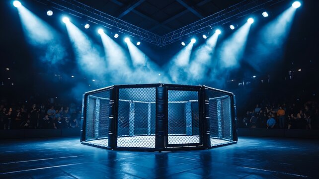 Illuminated mma fighting cage arena under dramatic stage lights
