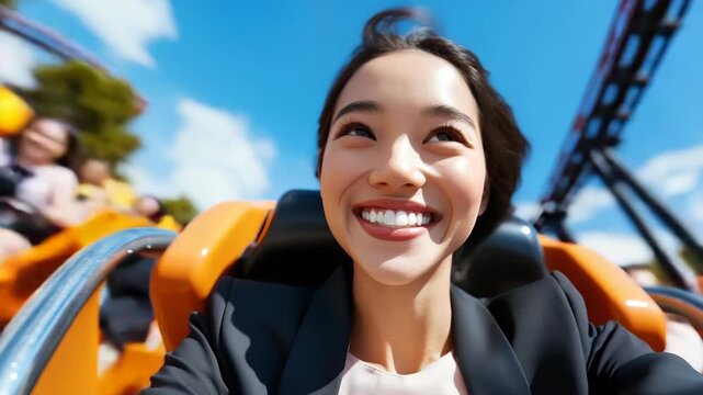 happy smiling business woman in a suit enjoying a thrilling roller coaster ride on a sunny day