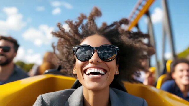 happy smiling black  business woman in a suit enjoying a thrilling roller coaster ride on a sunny day