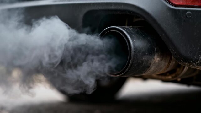 Exhaust smoke billowing from car tailpipe exhaust pipe emitting white smoke closeup vehicle emission pollution gray smoke muffler asphalt