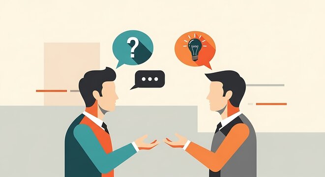 Two businessmen discussing ideas and asking questions in a modern office setting.