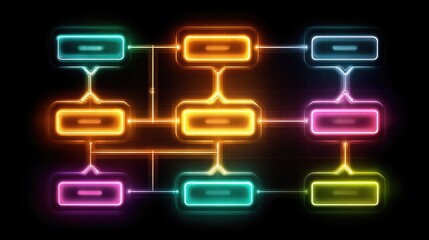 Neon flowchart diagram glowing with process steps and connectors, stylized neon layout for decision-making, science, or data visualization