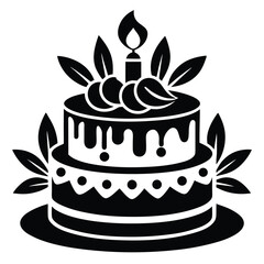birthday cake black and white silhouette on white background