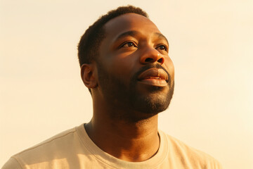 Contemplative african american man basking in golden glow of sunset
