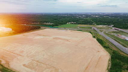 Aerial image of construction preparation site.
