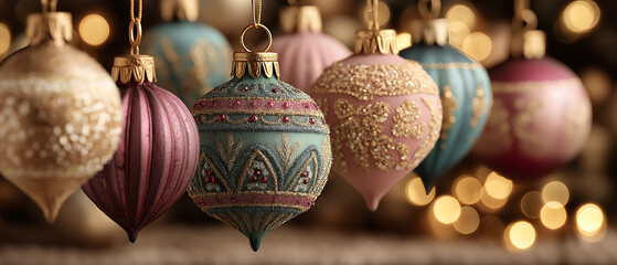 Detailed Christmas ornaments with lights, luxurious colors, premium festive vibe