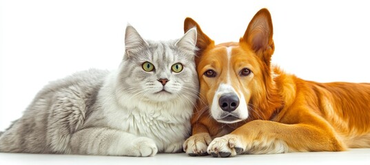 Grey Tabby Cat and Ginger Dog Relaxing Together in Cozy Friendship Pose on Bright Background