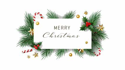 Christmas greeting card with fir branches and holiday tree decorations forming a festive border
