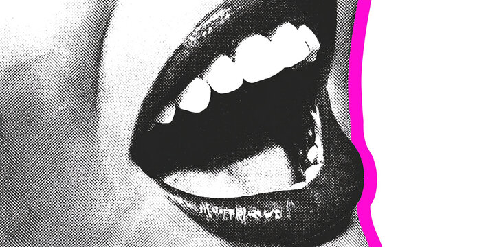 Retro POP art of a big mouth with fluorescent pink edging on a white background