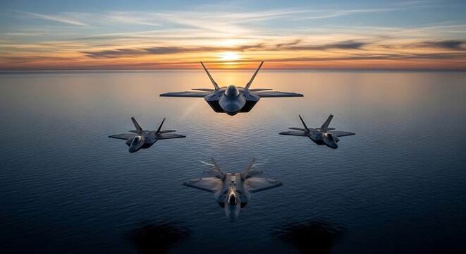 Four F-35 fighter jets flying in formation over water at sunset.
