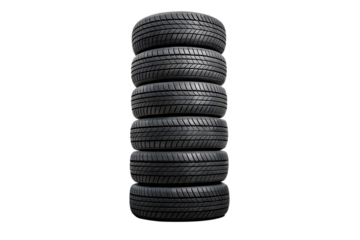  identical tires stacked neatly in a balanced column. Ideal for advertising tire shops, seasonal changeover, automotive maintenance packages, car part retail listings.