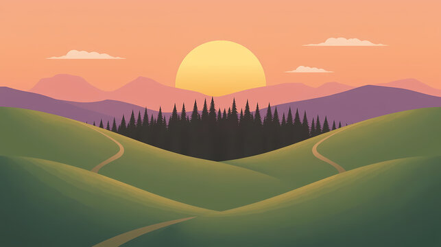 Sunset Mountain Valley Vector Illustration — Rolling Green Hills with Winding Path, Dense Pine Forest Silhouettes and Distant Pink Mountains under a Warm Pastel Sky — Minimalist Scenic Landscape - Powered by Adobe