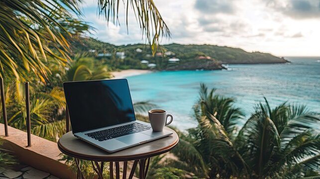 sleek laptop open on a small table on a balcony overlooking a tropical sea, a cup of coffee beside it, digital nomad lifestyle, bright, airy, and insp
