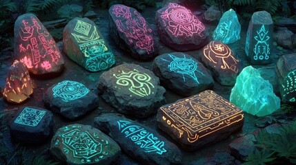 Neon glowing rune stones and artifacts showcasing glowing mystical symbols and vibrant neon colors perfect for digital art and fantasy storytelling.