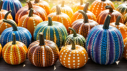 Eye-catching arrangement of assorted gourds and pumpkins with unique dot pattern designs