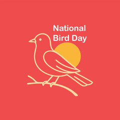 Minimal bird line art with sun and National Bird Day text on red background for wildlife awareness and celebration