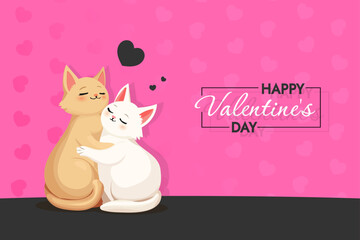 Cool modern vector banner for Valentine's Day with a couple of cute cats pink background with hearts