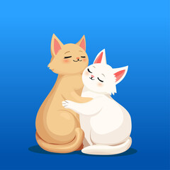 Flat vector illustration of cats hugging a loving couple on a blue background
