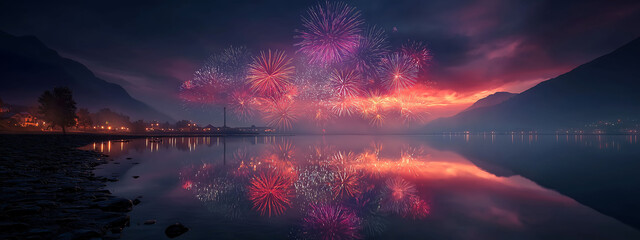 Canada Day fireworks over lake, twilight colors, crisp atmosphere