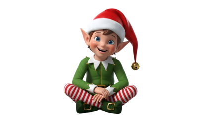 Cute christmas elf sitting with legs crossed isolated on transparent background