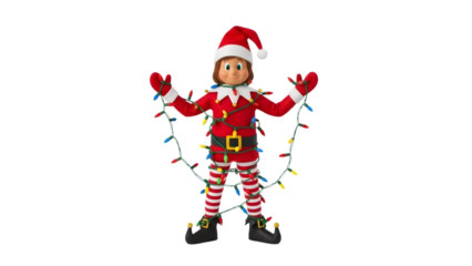 Elf on the shelf with christmas lights, isolated on transparent background