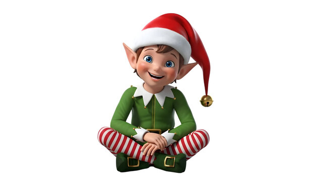 Cute christmas elf sitting with legs crossed isolated on transparent background