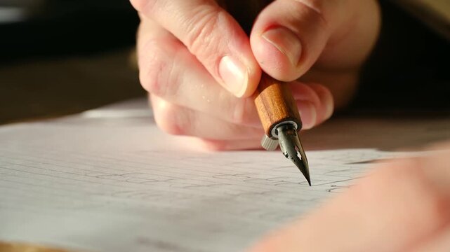 Woman hands writing beautiful letters on white paper with vintage dip pen and ink, demonstrating elegant art calligraphy with careful precise penmanship. Calligrapher practicing lettering with dip pen