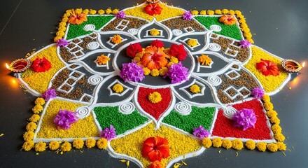 Colorful rangoli design with flowers and patterns