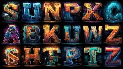 Neon graffiti-style digital alphabets featuring glowing letters, vibrant colors, and urban street style perfect for digital design and branding.