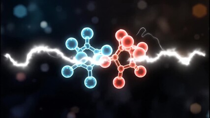 Two glowing molecular structures, one blue and one red, clash amidst a bright electrical energy discharge in a dark space, symbolizing a chemical reaction or scientific breakthrough. - Powered by Adobe