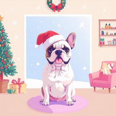 illustration of a French Bulldog wearing a Santa ha