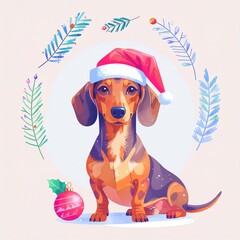 llustration of a dachshund in a Santa hat