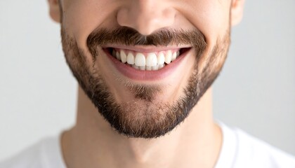 Obraz premium Close-up of a smiling face, emphasizing the white teeth and the trimmed beard of a man against a neutral background