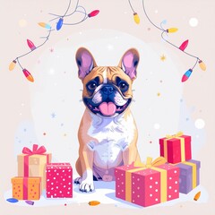 a cute French Bulldog trying to decorate a Christmas tree