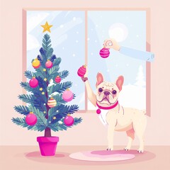 a cute French Bulldog trying to decorate a Christmas tree