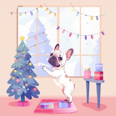 a cute French Bulldog trying to decorate a Christmas tree