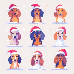 illustration of a dachshund wearing a Santa hat, centered composition