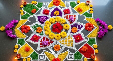 Floral rangoli design with candles