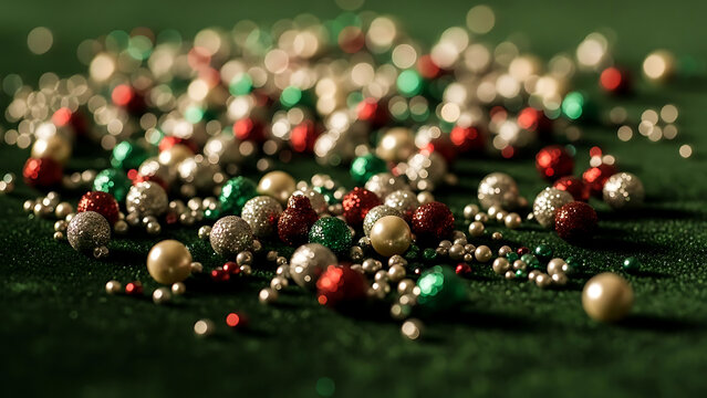 A festive scattering of small shiny christmas ornaments in red green and gold on a dark green background - Powered by Adobe