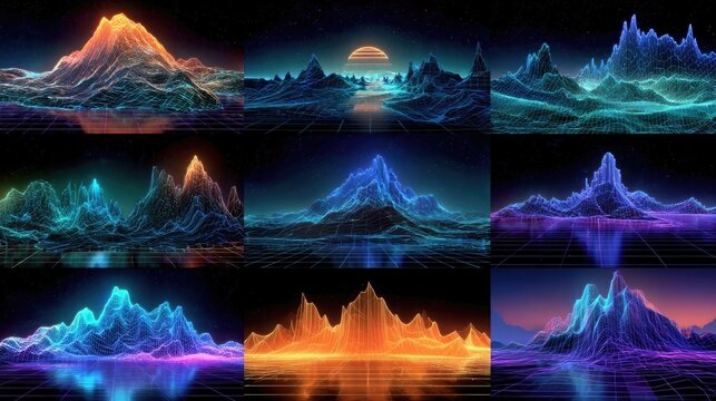 Neon grid wireframe landscapes showing glowing geometric networks, cyberpunk aesthetics, futuristic digital scenes for NFT backgrounds, sci-fi art, and tech design. - Powered by Adobe