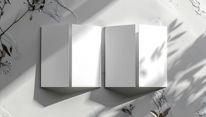 A top-down view of two open book mockups on a white, textured surface. Sunlight casts shadows from foliage