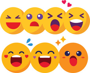 Emoji vector set of various happy and expressive emotions. Collection of laughing, surprised, and excited cartoon faces.