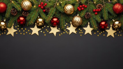  Elegant christmas garland with red and gold ornaments and star border on a dark background