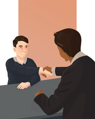 Handshake between two smiling men in an office. Vector illustration